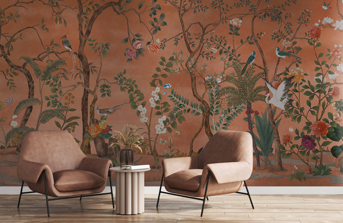 Whimsical Birdsong Mural Wallpaper in living room
