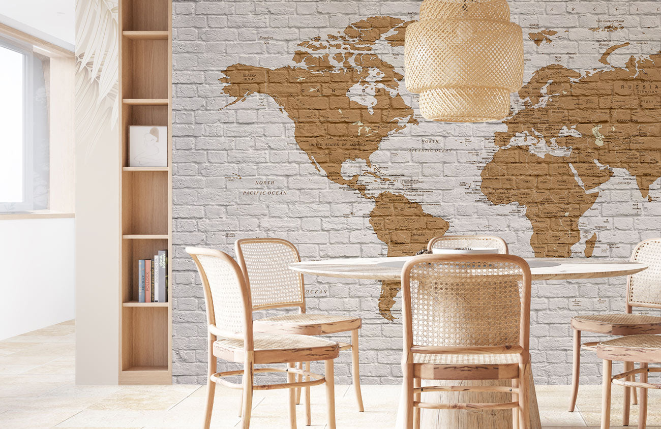 World Map Brick Wall Wallpaper in dining room