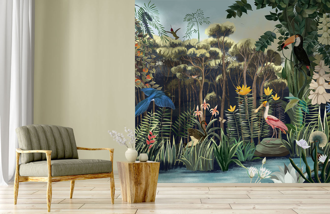 Lush Tropical Jungle Wildlife Wallpaper in living room