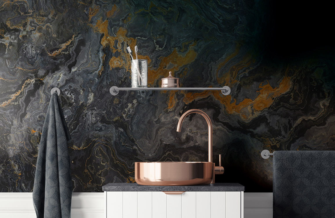 Midnight Gold Marble Mural Wallpaper in bathroom