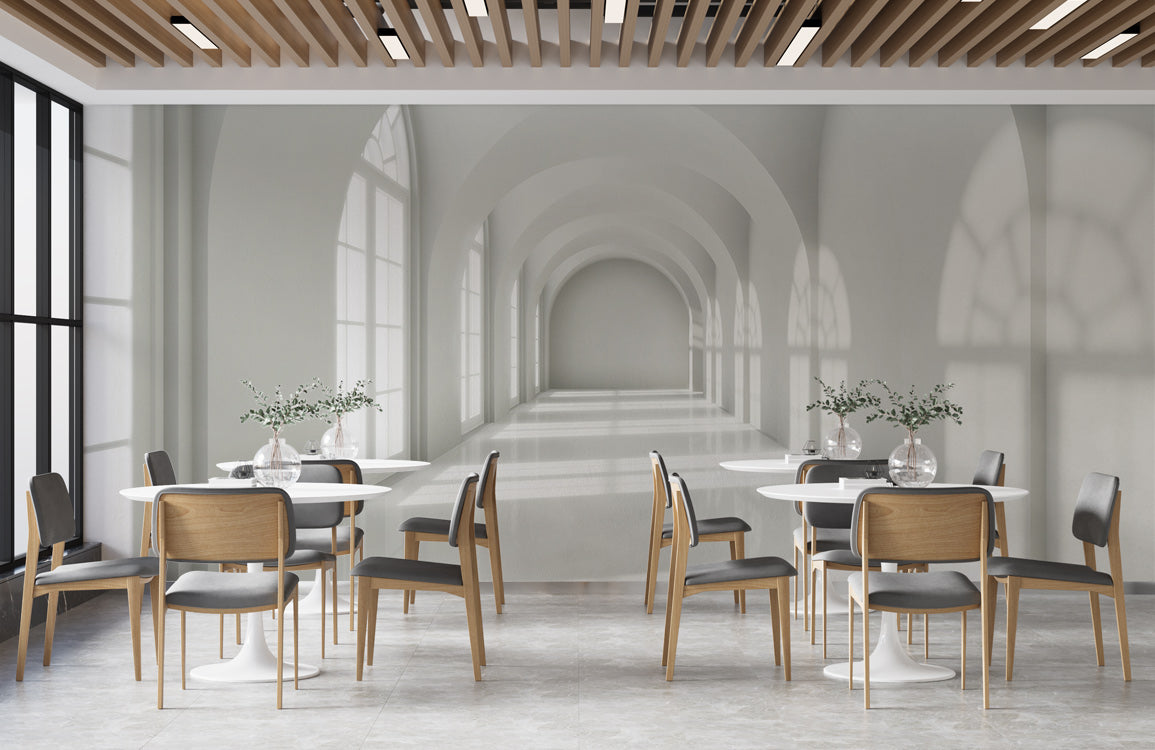 Tranquil Arched Hallway Mural Wallpaper in dining area