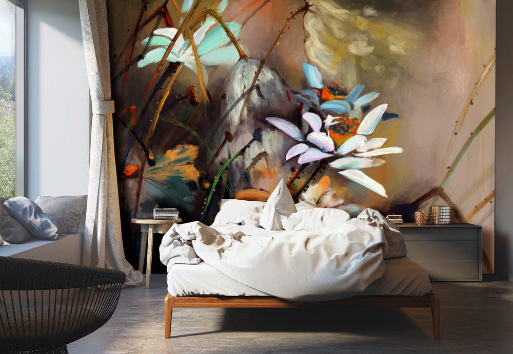 wallpaper with an oil painting floral pattern for the bedroom