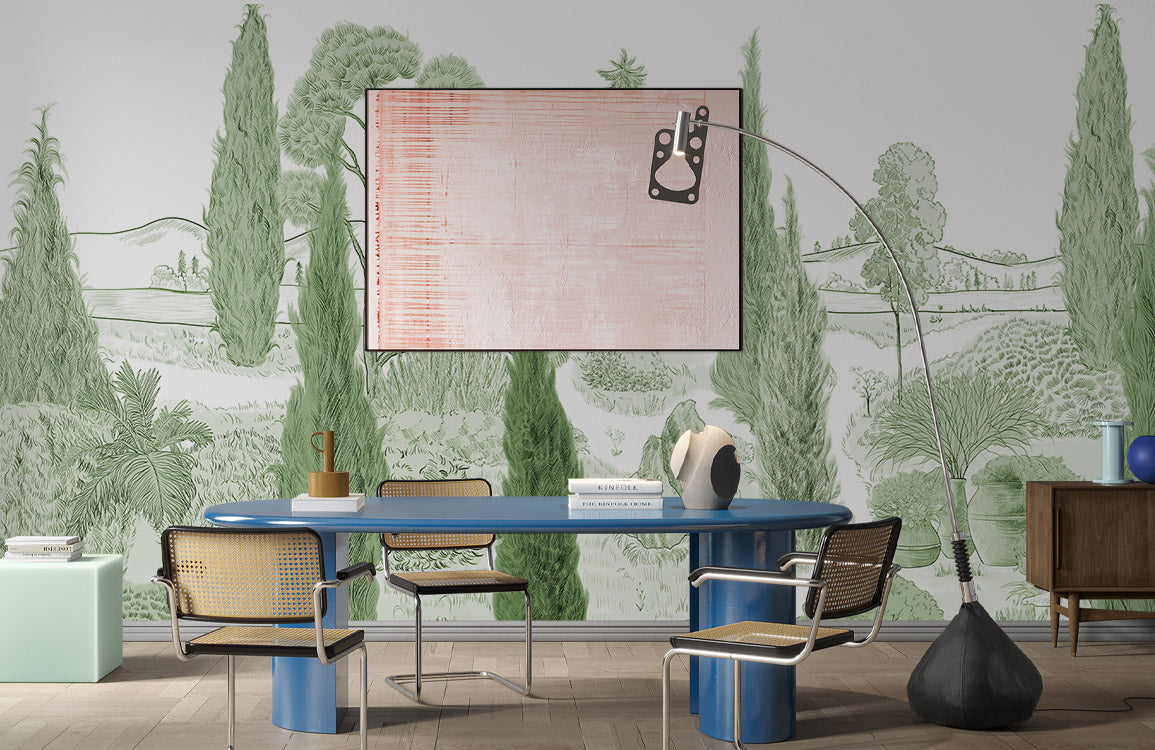 Green Botanical Landscape Illustrated Wallpaper in dining room