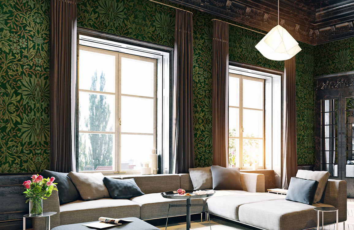 Emerald Tapestry Garden Mural Wallpaper in living room
