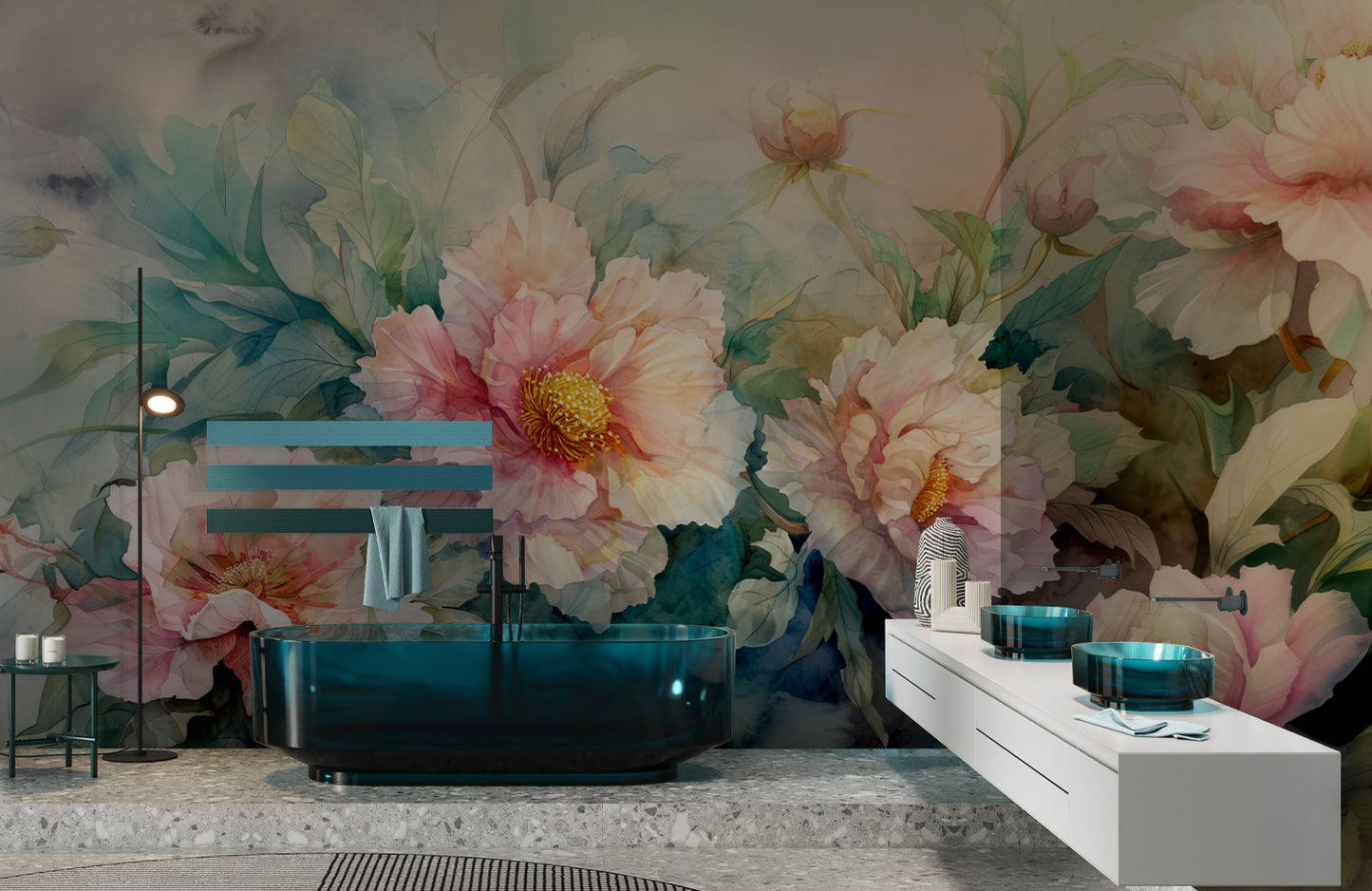 Elegant Watercolor Large Floral Wallpaper in bathroom