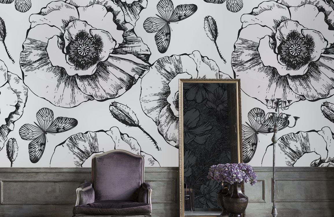 Vector Black & White Poppy Wallpaper Mural in living room