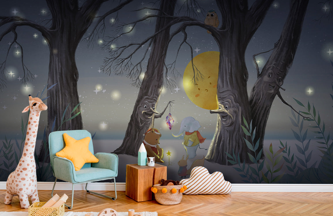 Whimsical Forest Nighttime Animal Adventure in child's room