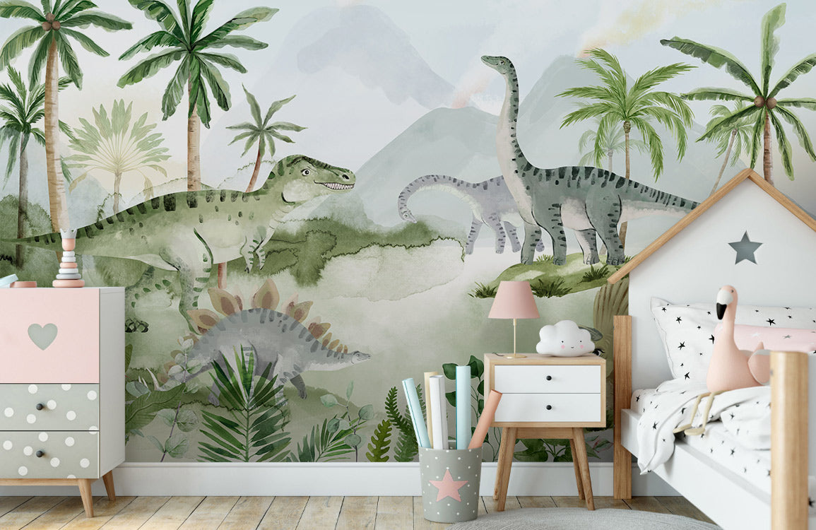 Prehistoric Adventure Mural Wallpaper in bedroom
