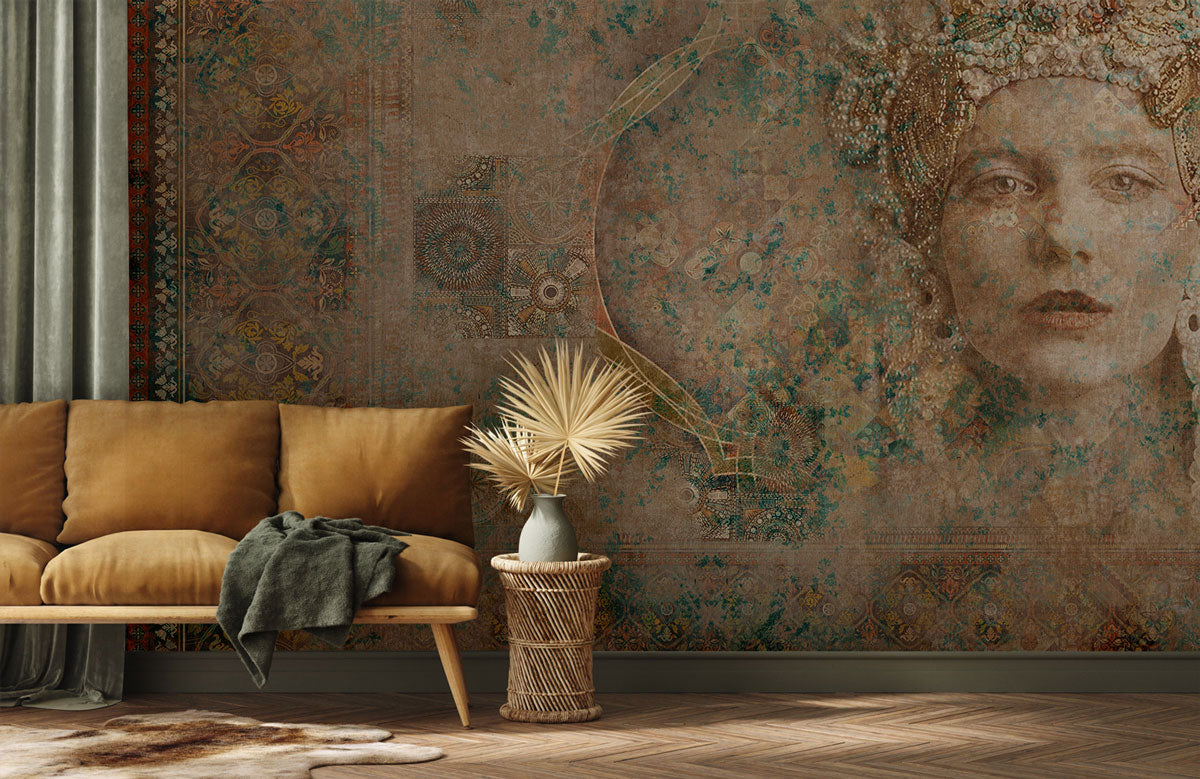 Vintage Queen Portrait Textured Wallpaper in living room