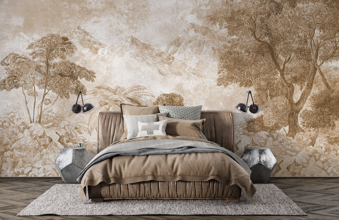 Vintage Botanical Jungle Forest Wallpaper in bedroom