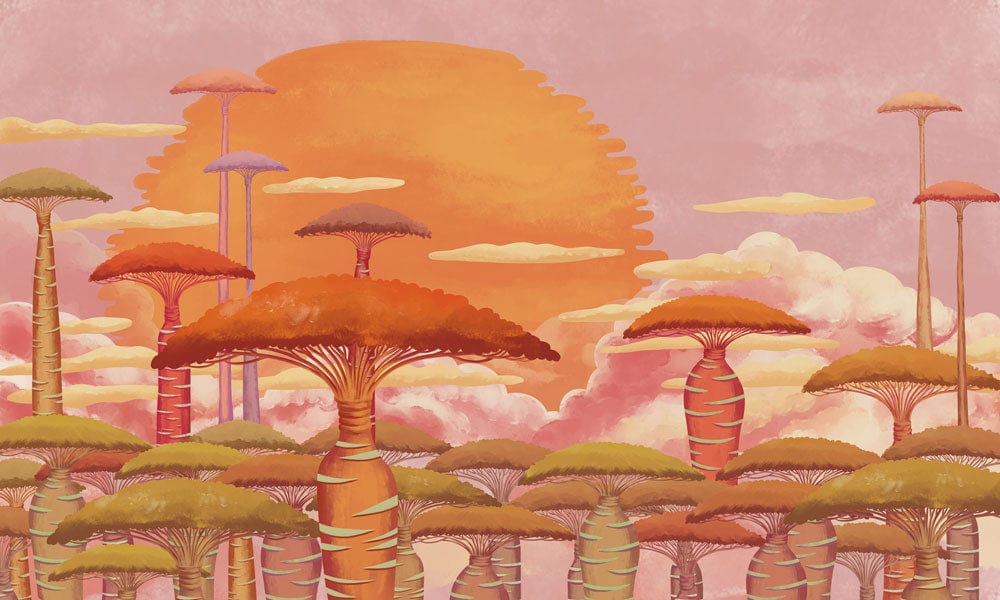 Baobab and sunset clouds patterned wallpaper mural for use in interior decoration