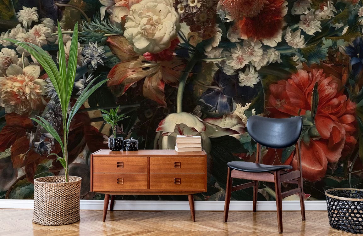 Traditional Dark Flowers Wallpaper Mural for the Decoration of the Hallway