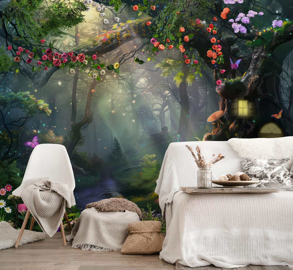 Enchanted Forest Bath Mural Wallpaper in living room