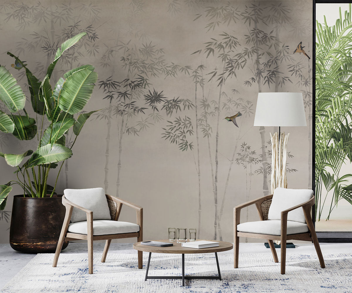 Misty Bamboo Grove Mural Wallpaper in living room