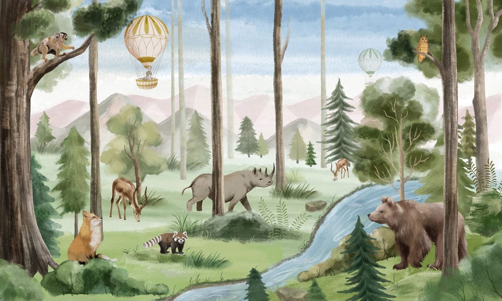 Wall Mural Artwork of Watercolor Wildlife from the Jungle for Interior Design