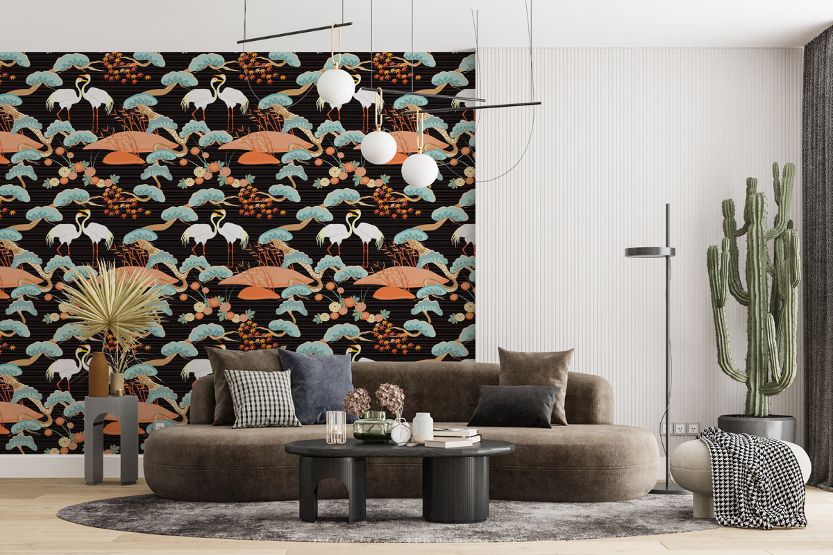 Elegant Cranes & Lotus Mural Wallpaper in living room