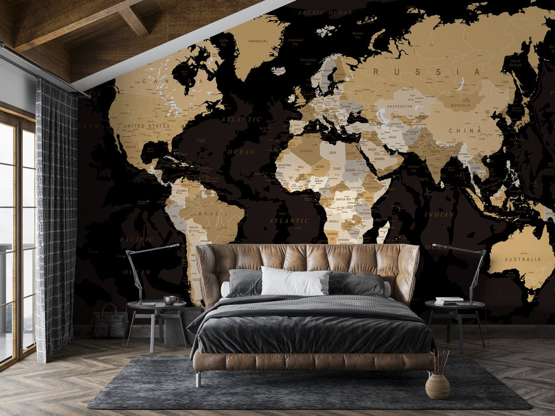Elegant World Map Wall Wallpaper in bedroom
