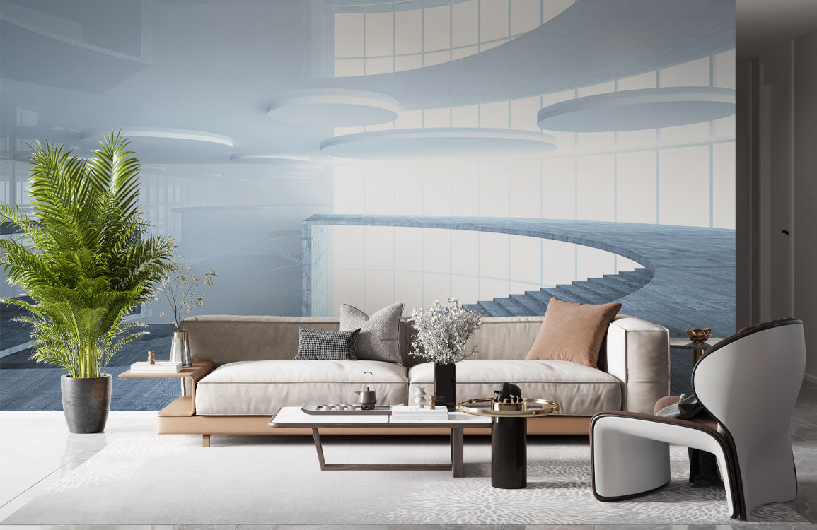 Curved Futuristic Staircase Design Mural Wallpaper in living room