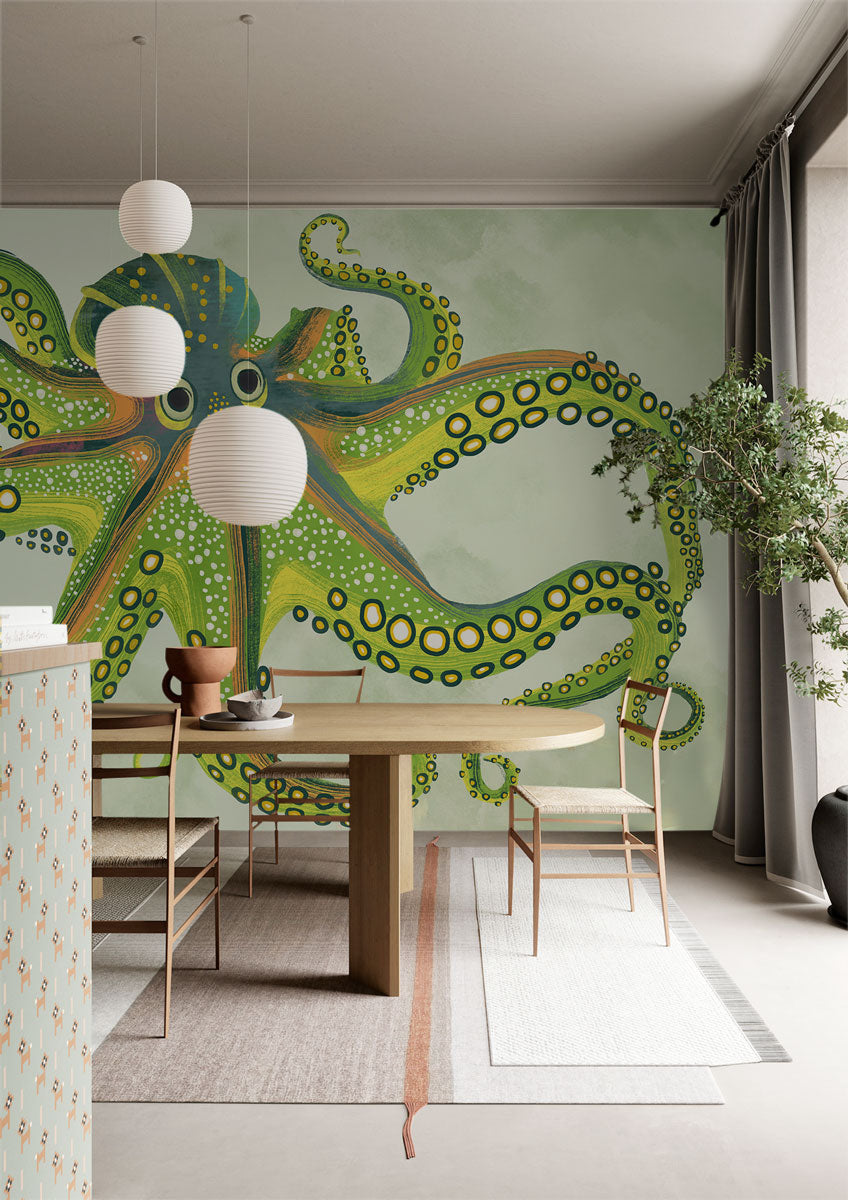 Green Octopus Mural Wallpaper in dining room