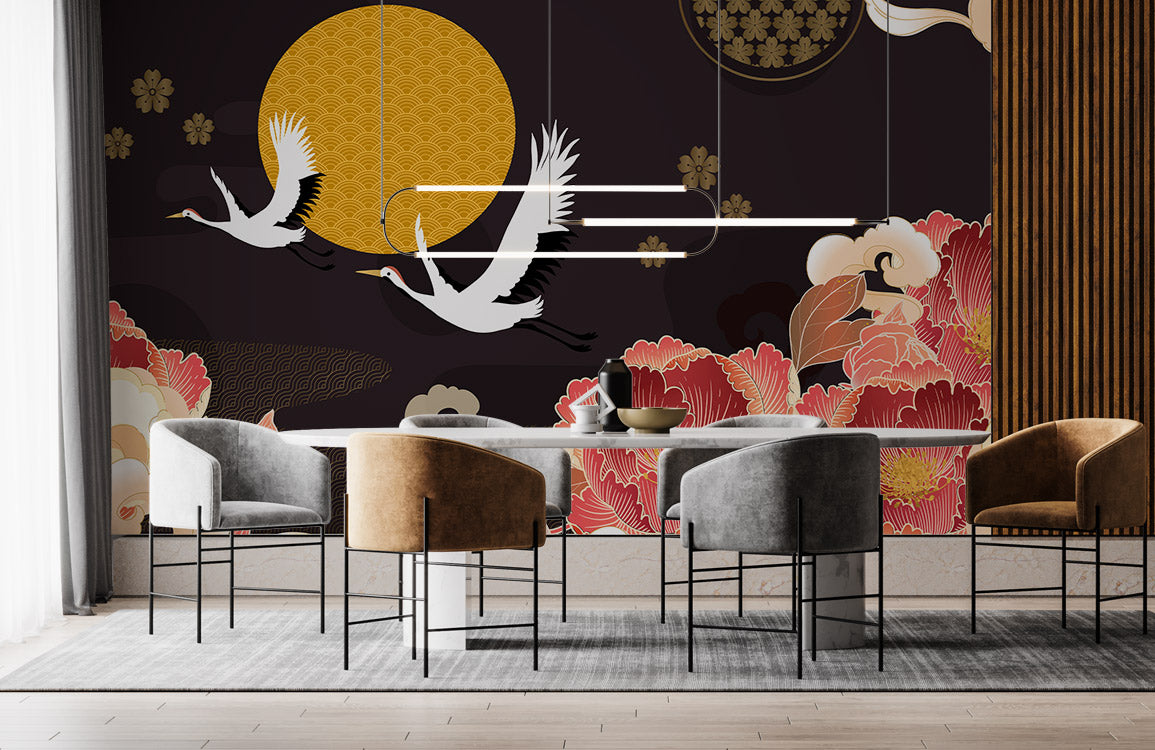 Midnight Cranes & Blossoms Mural Wallpaper in dining room