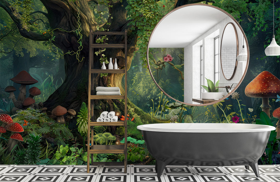 Mystical Forest Retreat Mural Wallpaper in bathroom