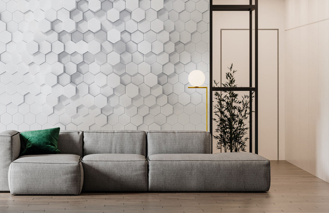 Hexagonal Serenity Mural Wallpaper in living room
