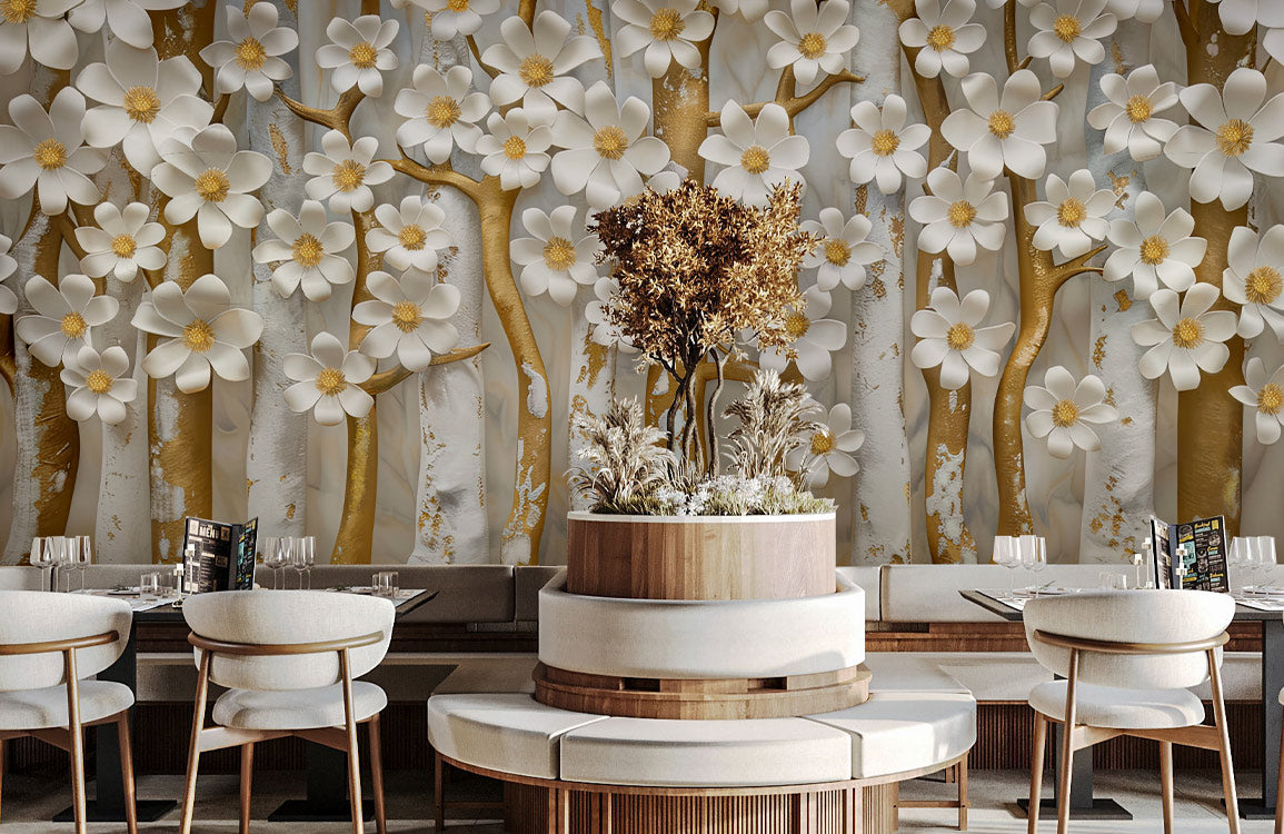 Golden Bloom Forest Mural Wallpaper in dining area