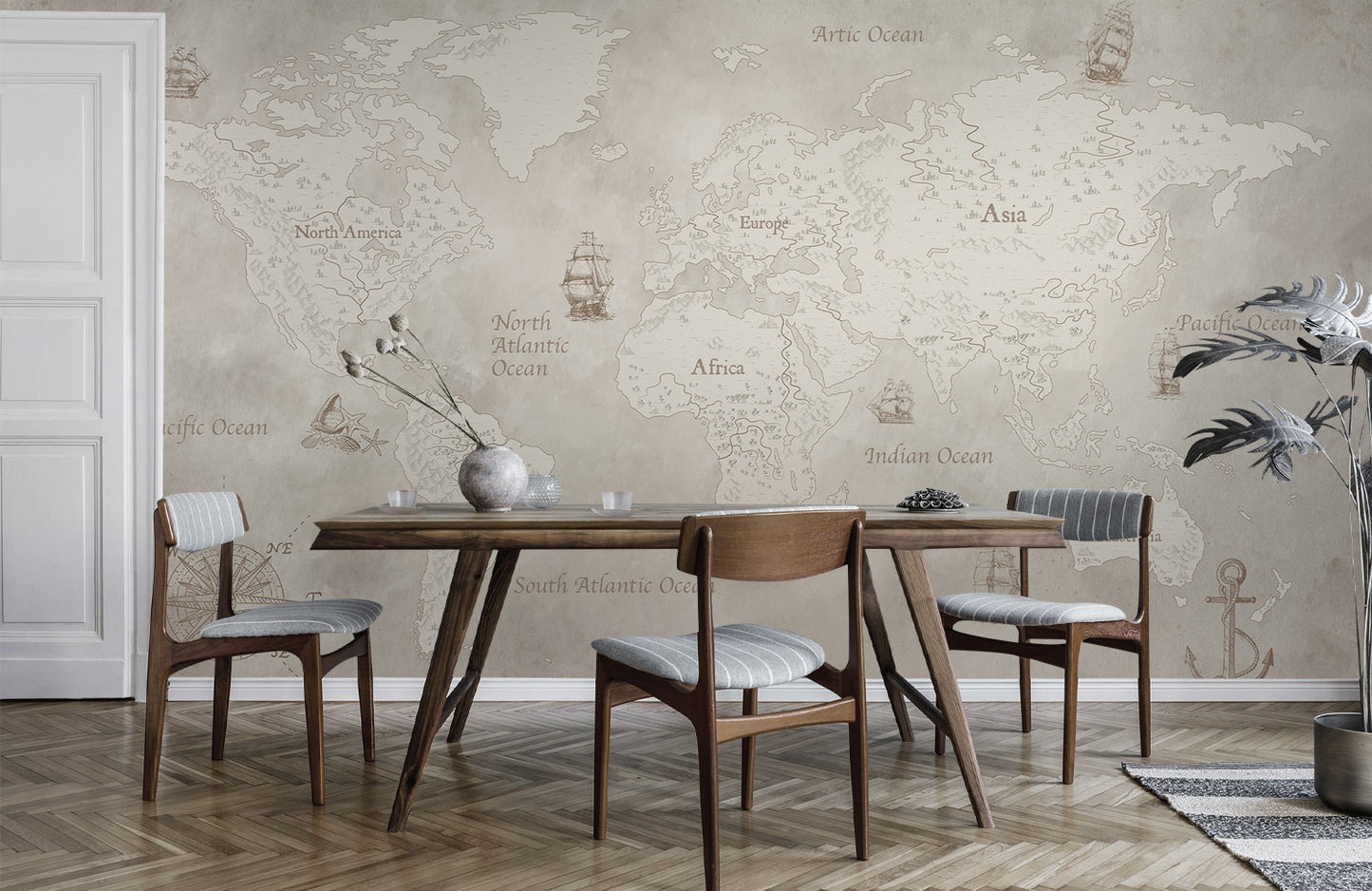 Vintage World Map Nautical Wallpaper in dining room