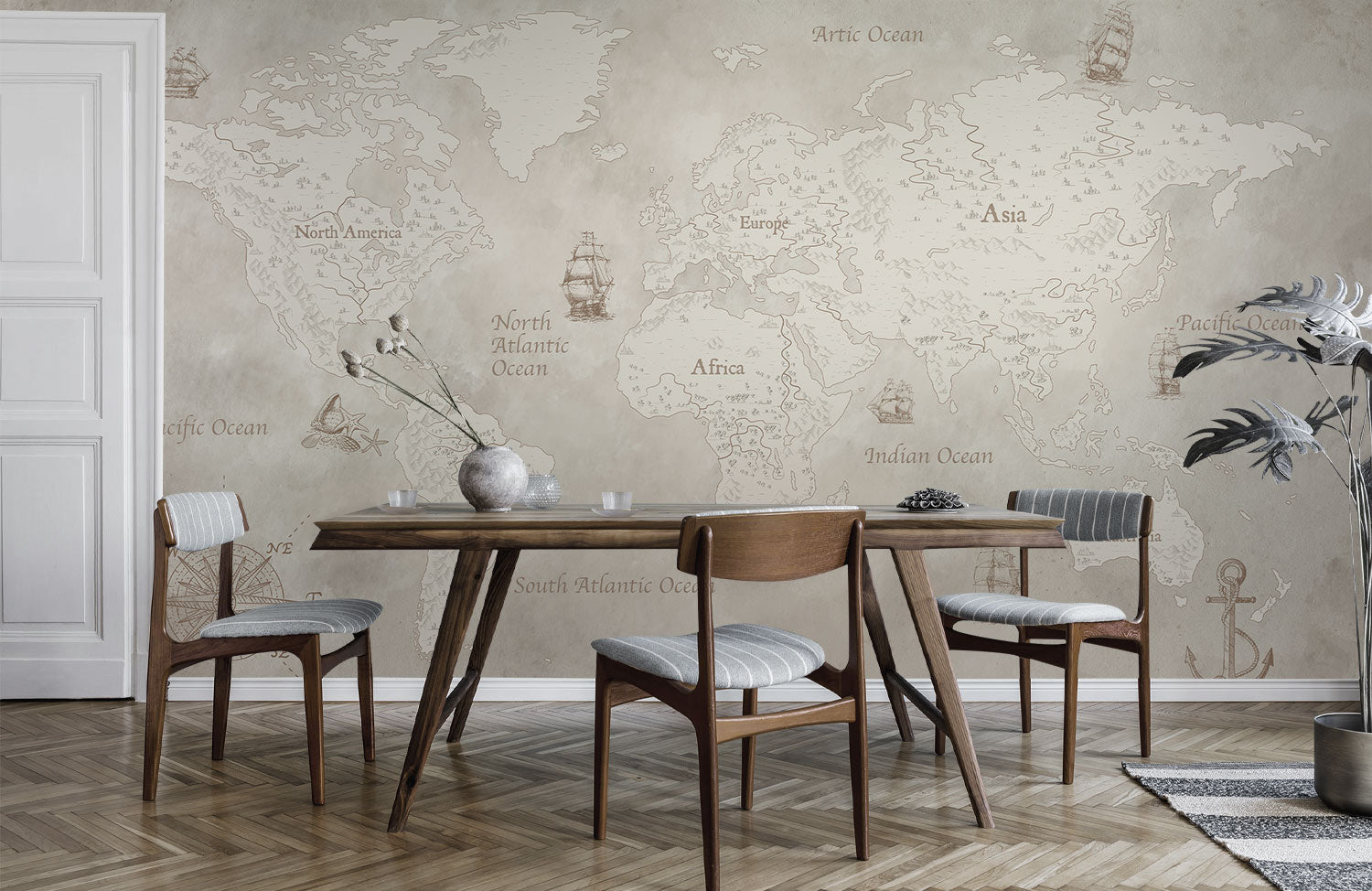 Vintage World Map Nautical Wallpaper in dining room