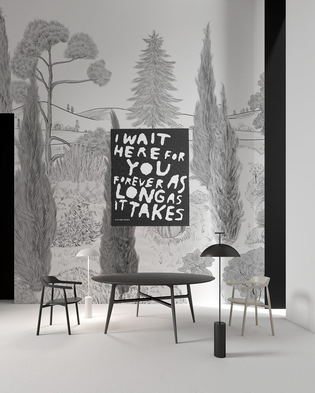 Monochrome Scenic Botanical Forest Wallpaper in dining room