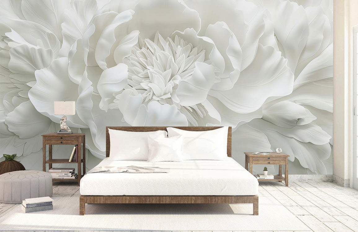 White Floral Elegance Mural Wallpaper in bedroom