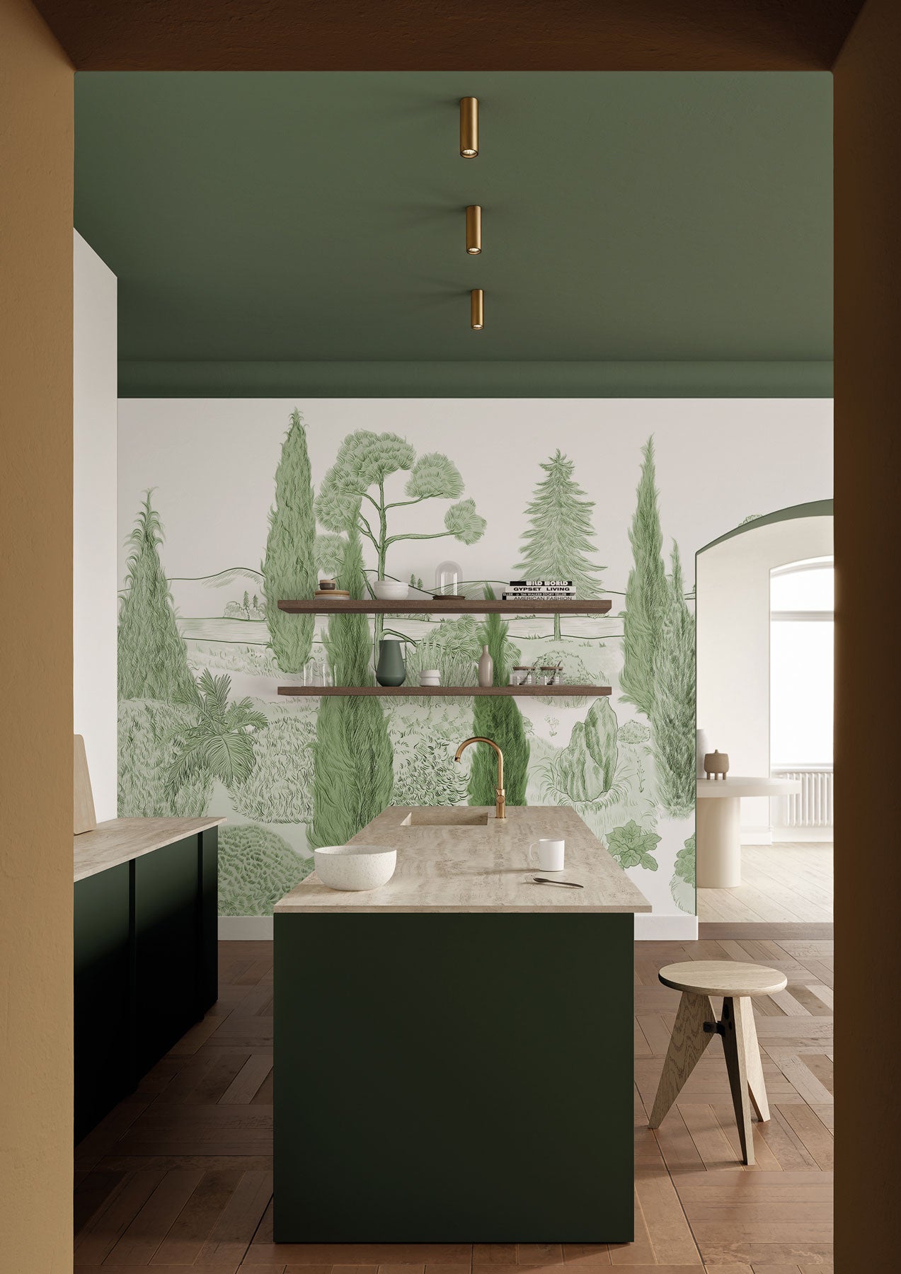 Green Botanical Landscape Illustrated Wallpaper in kitchen