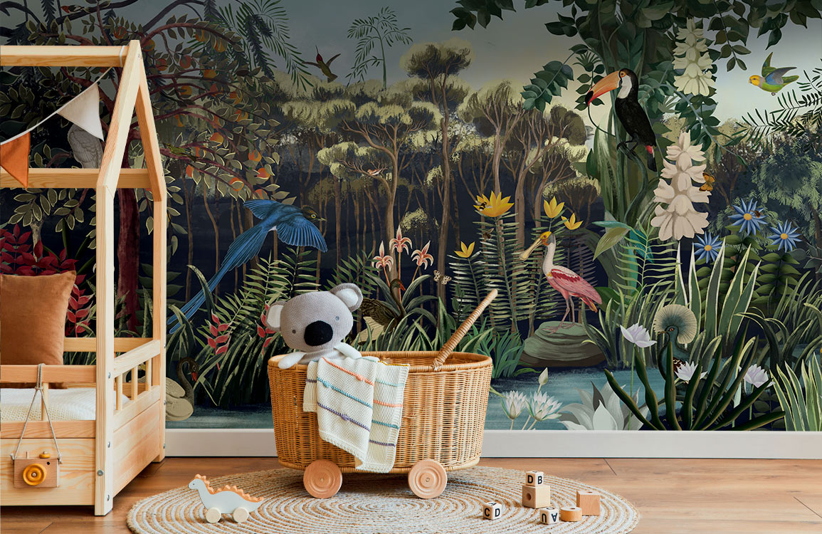 Lush Tropical Jungle Wildlife Wallpaper in child's room