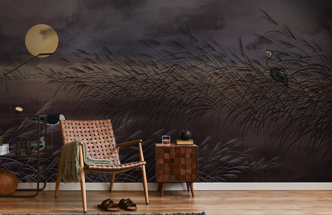 Moonlit Reeds & Cranes Mural Wallpaper in living room