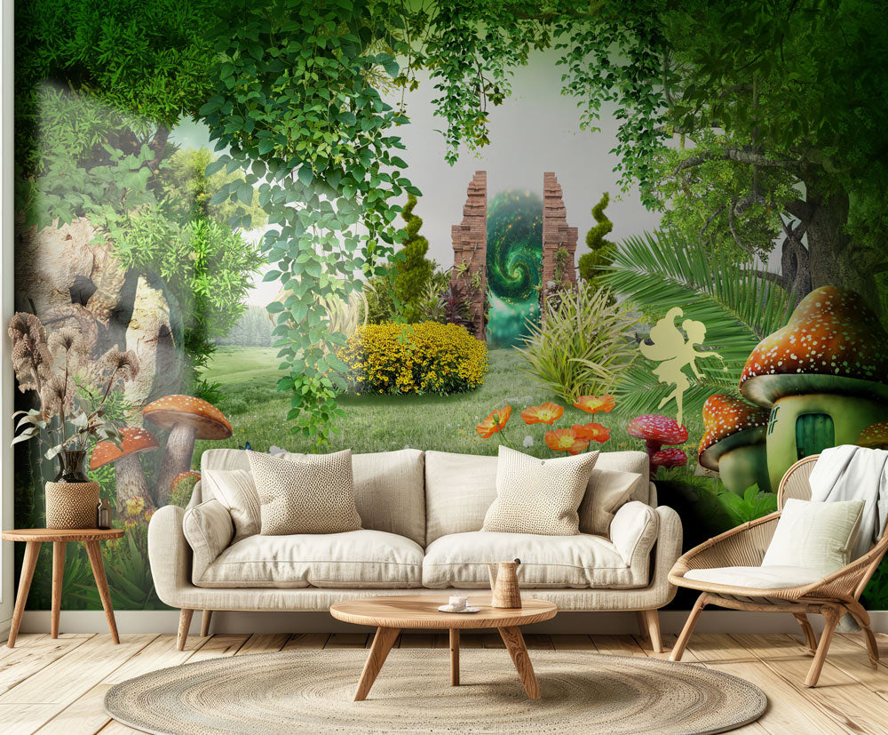 Enchanted Fairy Meadow Mural Wallpaper in living room