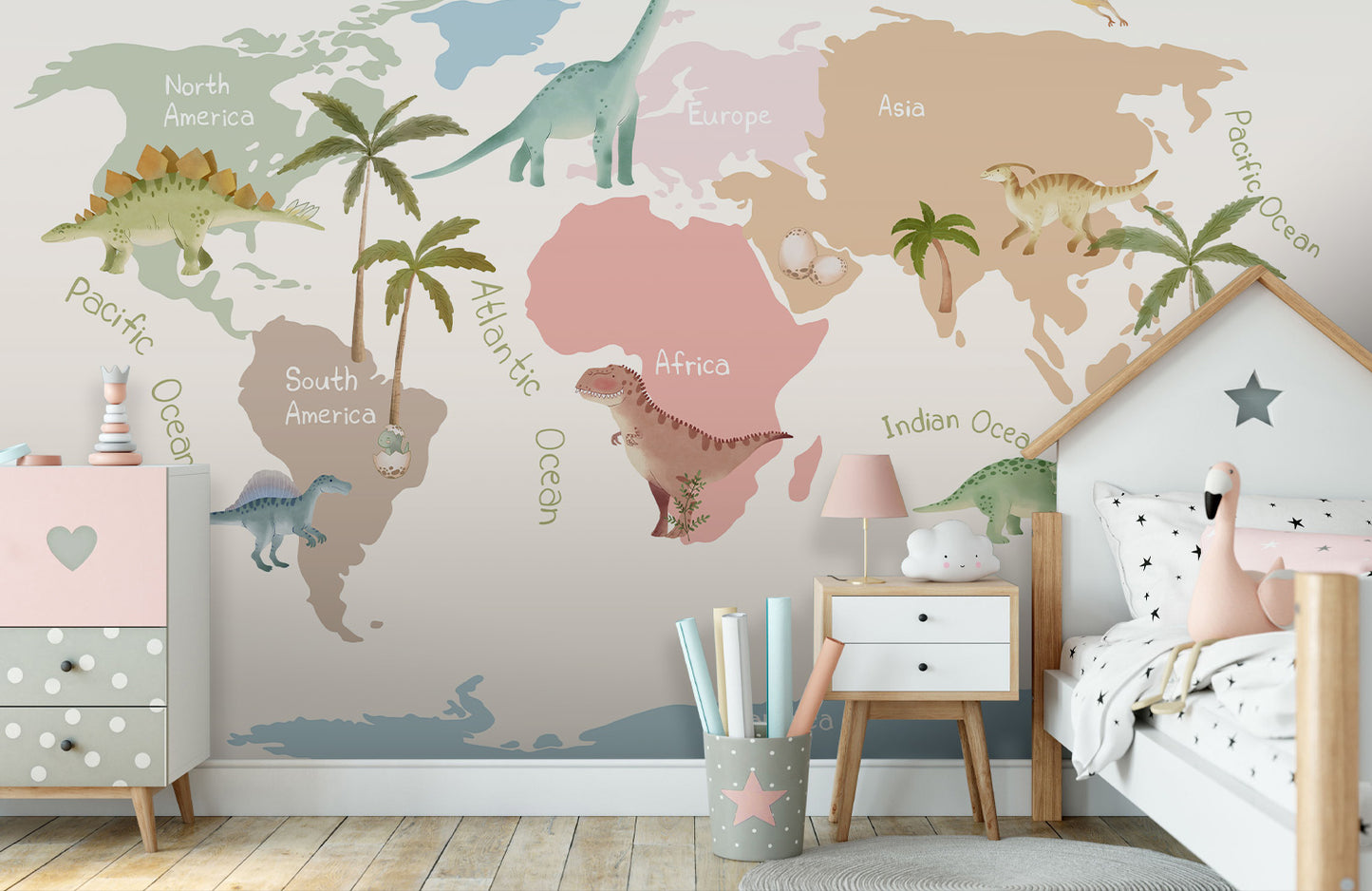 Dinosaur World Map Kids Wallpaper in bedroom