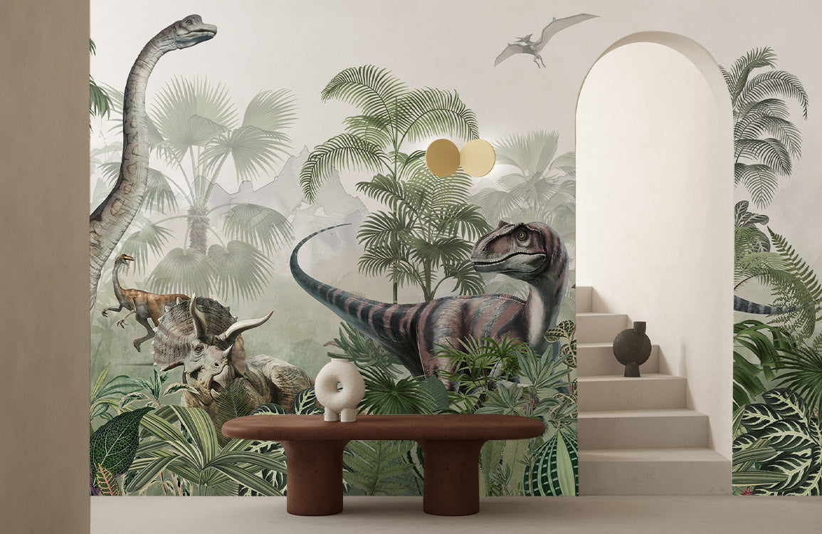 Jurassic Wilderness Mural Wallpaper in living room