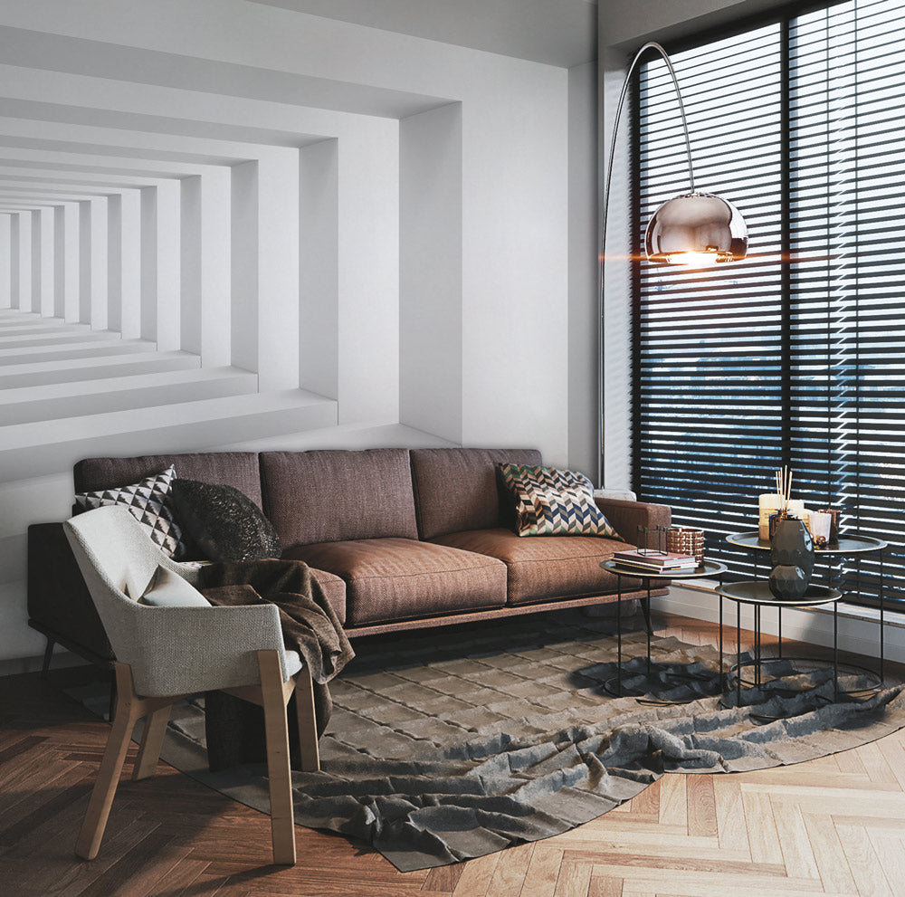 Geometric Depth Illusion Mural Wallpaper in living room