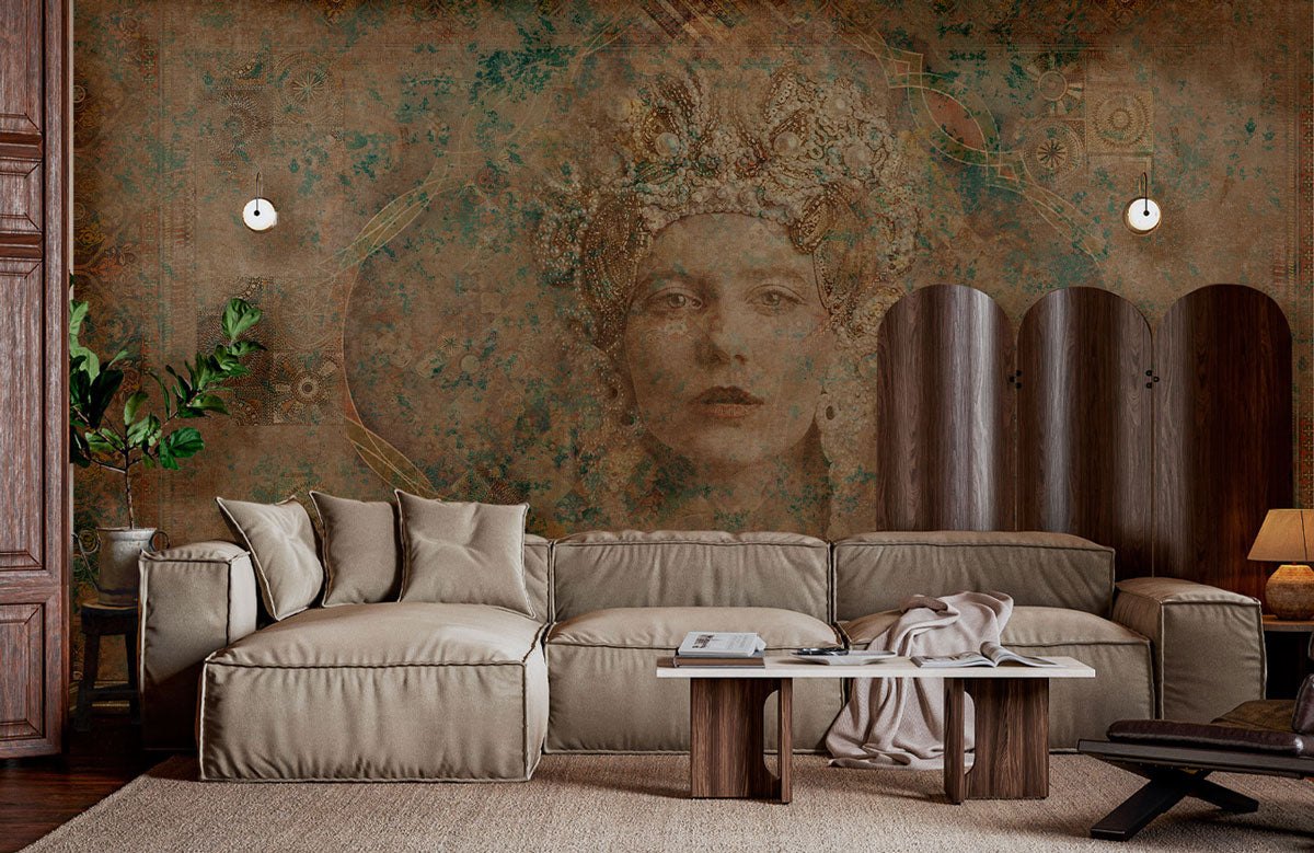 Vintage Queen Portrait Textured Wallpaper in living room