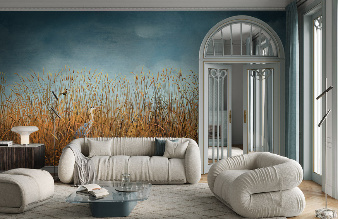 Tranquil Reeds Nature Landscape Mural in living room