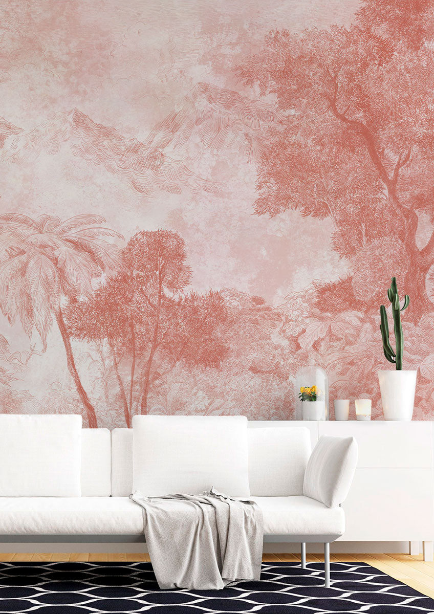 Vintage Tropical Peach Jungle Forest Mural Wallpaper in living room