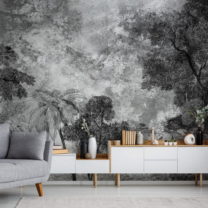 Monochrome Forest Landscape Wall Mural in living room