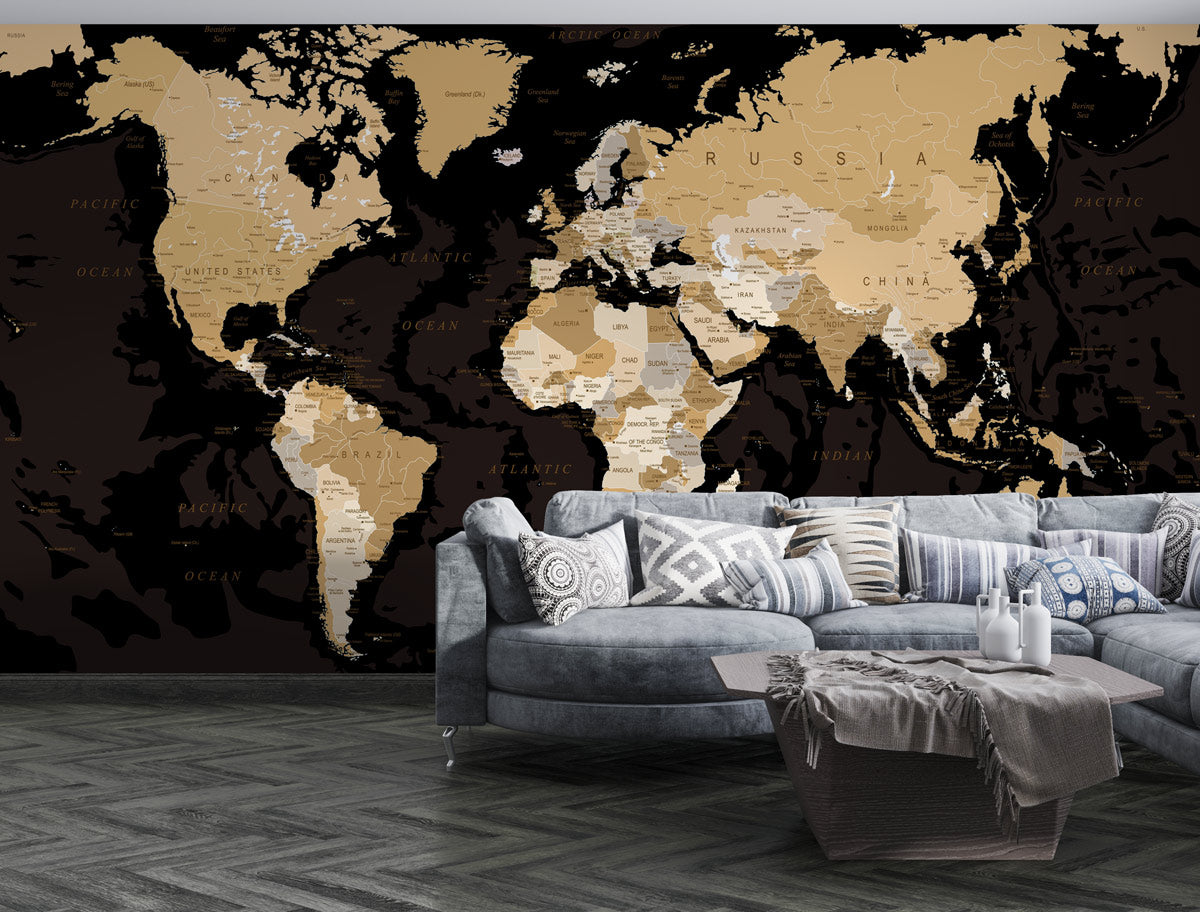 Elegant World Map Wall Wallpaper in living room