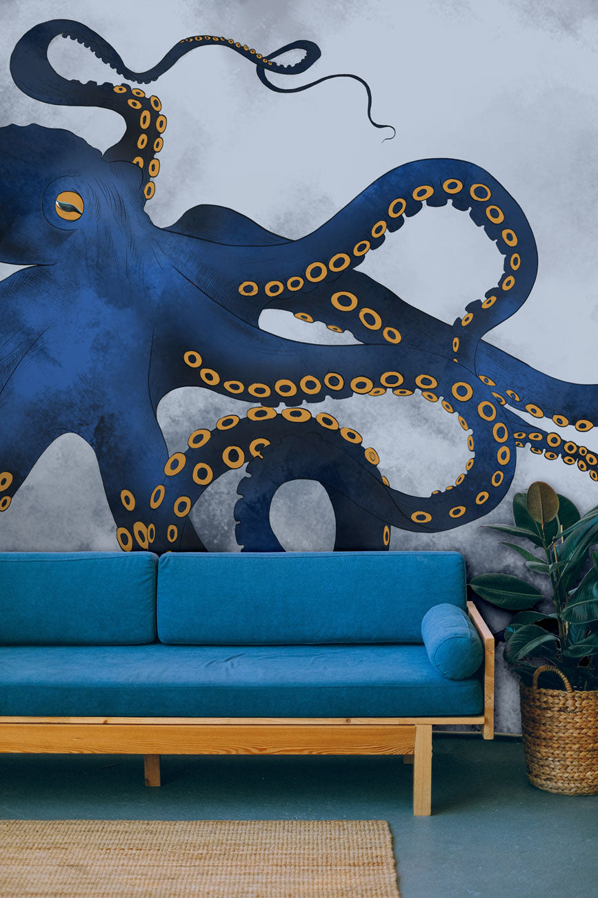 Underwater Octopus Navy Blue Wallpaper in living room