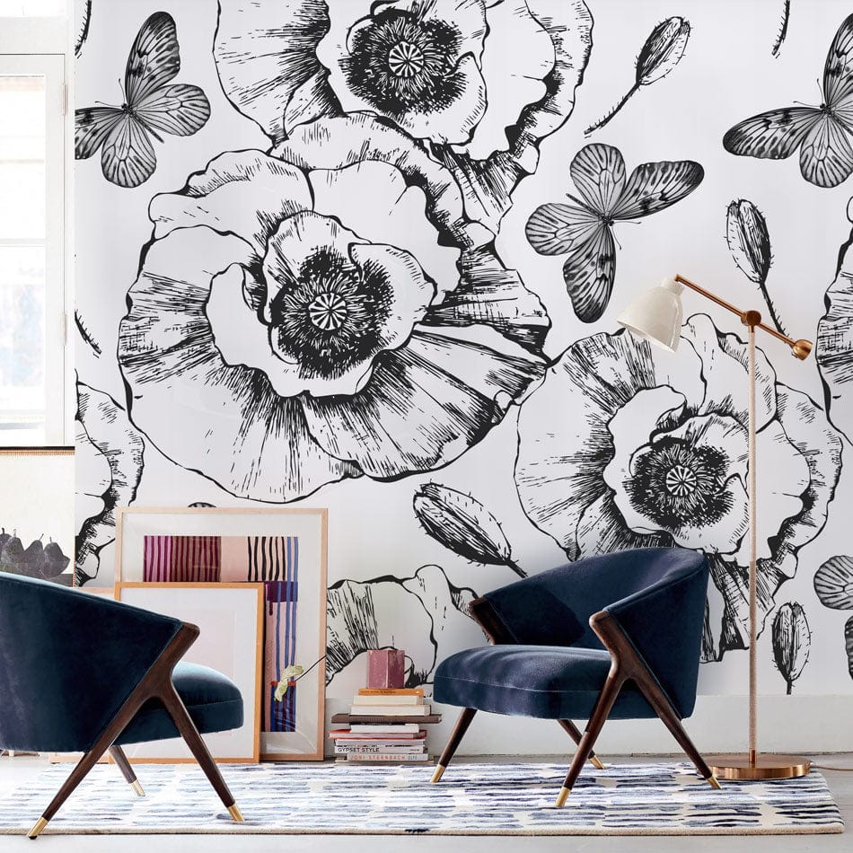 Vector Black & White Poppy Wallpaper Mural in living room