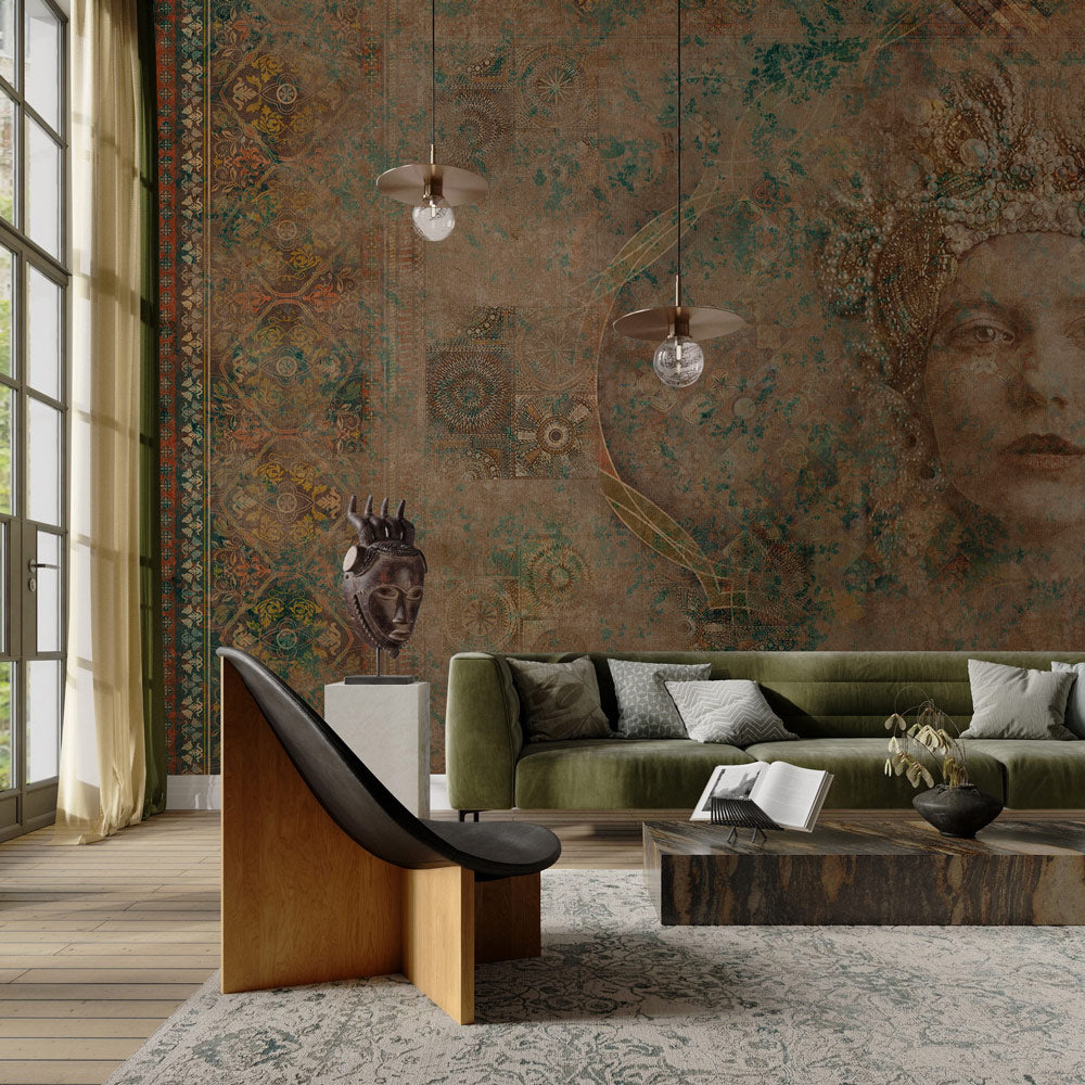 Vintage Queen Portrait Textured Wallpaper in living room