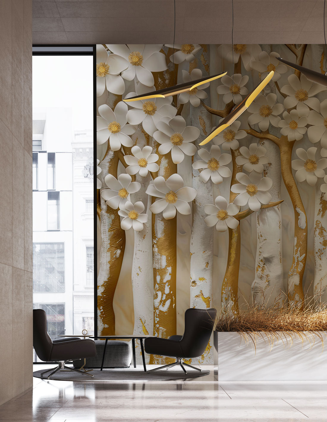 Golden Bloom Forest Mural Wallpaper in lobby space
