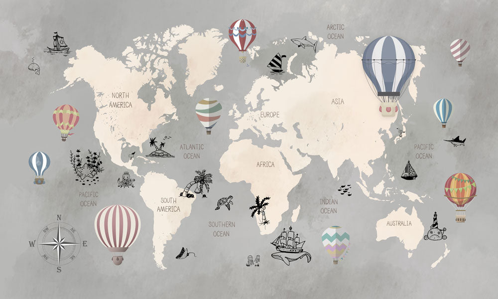 Whimsical World Map Hot Air Balloons Mural Wallpaper in children's room