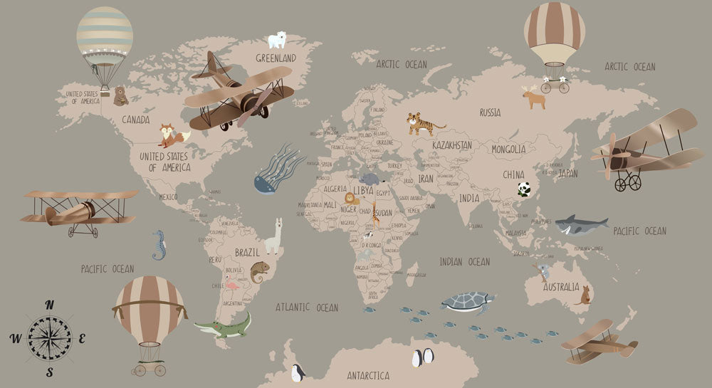 Vintage World Map Adventure Mural Wallpaper in playroom