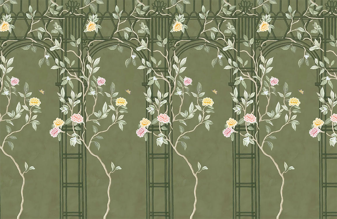 Golden Botanical Bird Garden Mural Wallpaper